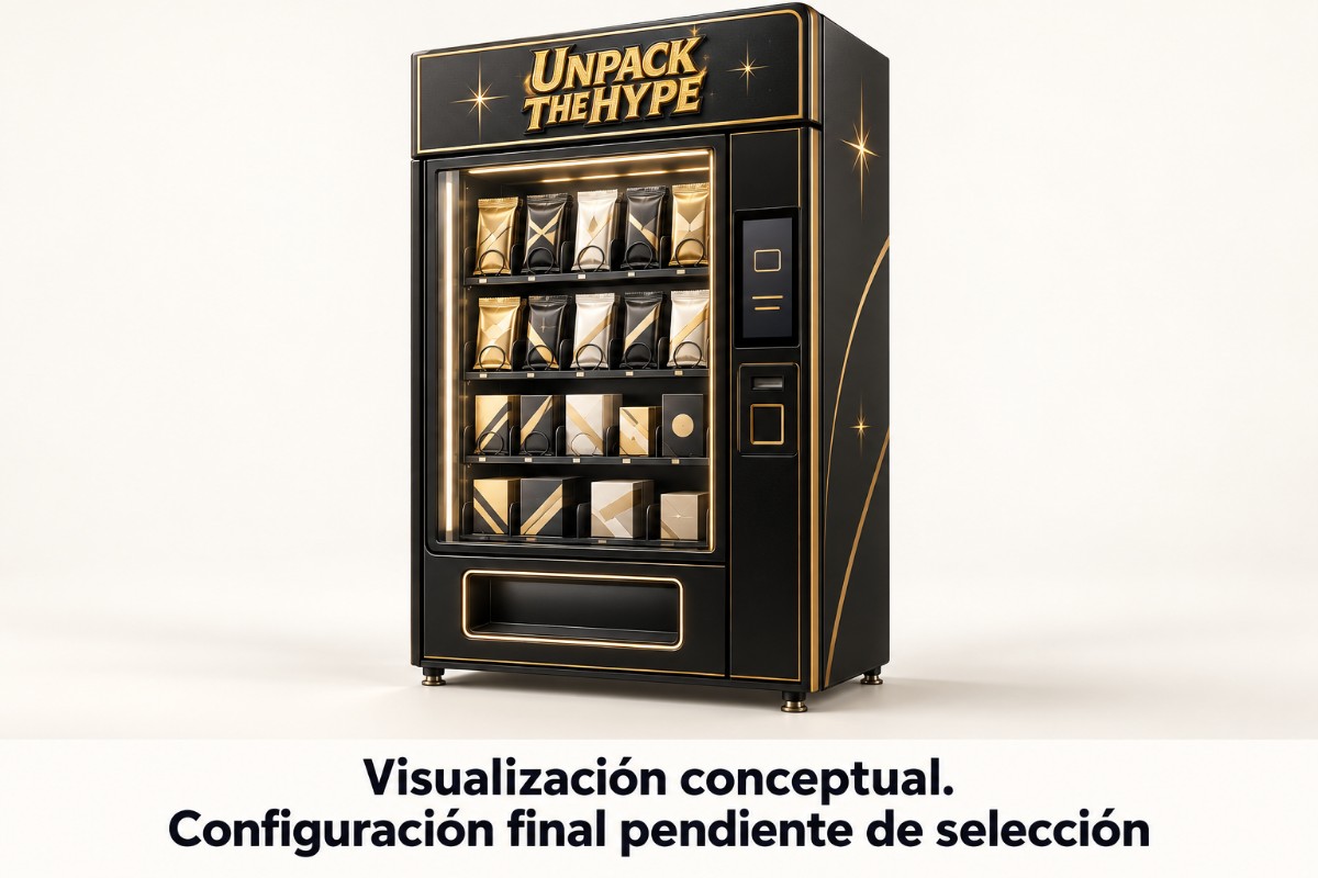 Concepto de máquina de cartas negra y dorada con identidad Unpack The Hype, sobre fondo neutro; no es una instalación real. Configuración final pendiente de selección.